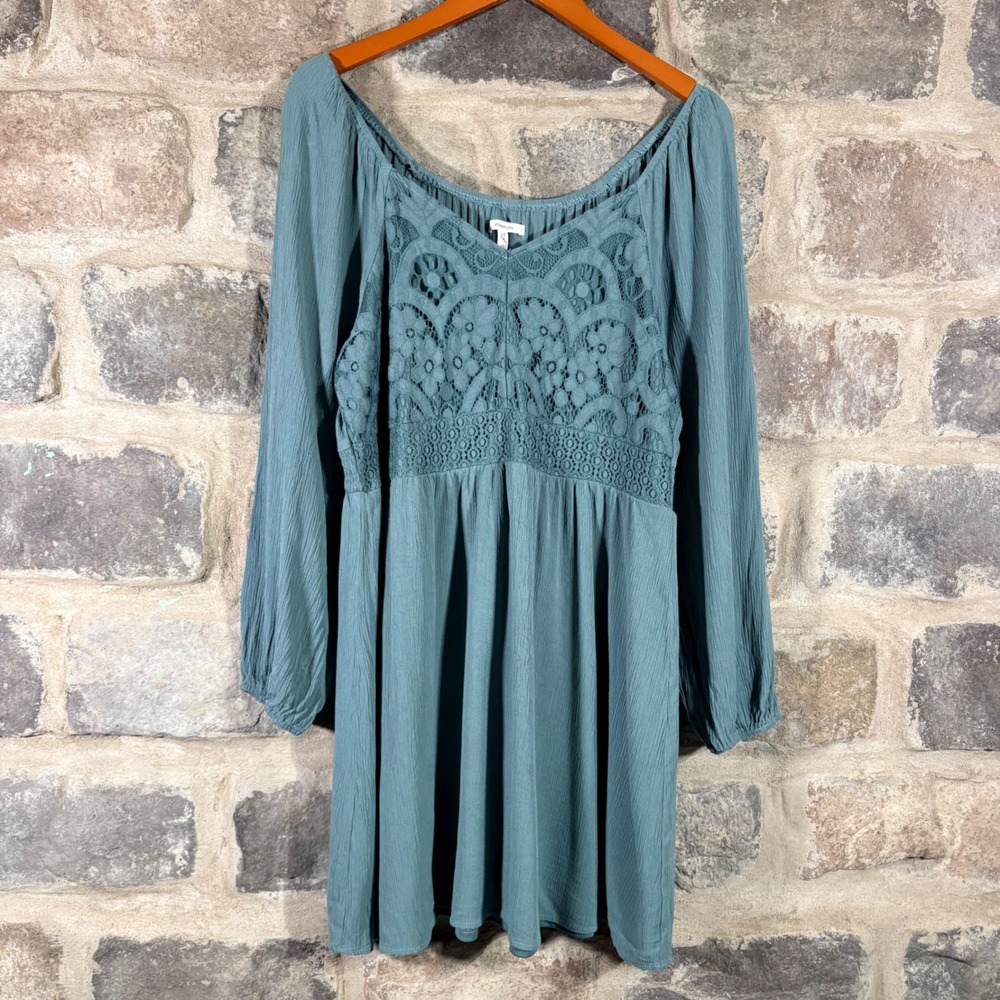Maurices Teal Green‎ Crochet Lace Empire Waist Boho Mini Dress XL Babydoll Flowy